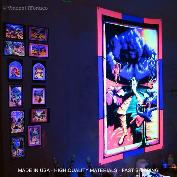 Blacklight UV Tapestry Trippy Psychedelic Surreal Cool Hippie Style Room Art - Picture 4 of 8